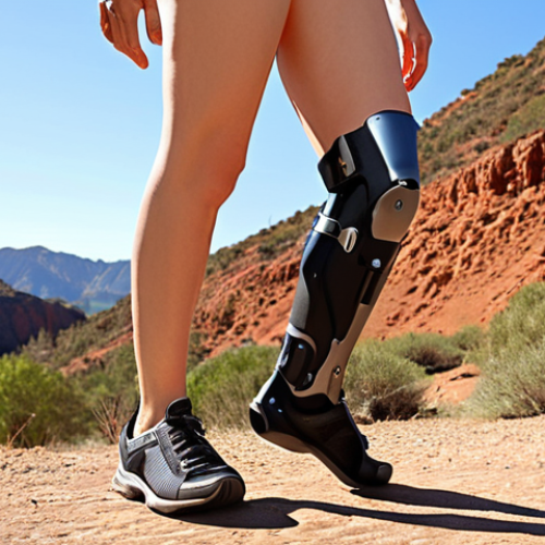 Home 11 Image 1 Prompt:** A person confidently walking outdoors with a cutting-edge bionic leg, seamlessly integrated and designed for ultimate user comfort. The prosthetic showcases sleek, lightweight materials like carbon fiber and titanium, with an ergonomic design that appears as a natural extension of the body. The person's posture is fluid and natural, exuding a sense of freedom and empowerment. Warm, natural lighting, high detail, realistic, vibrant colors.